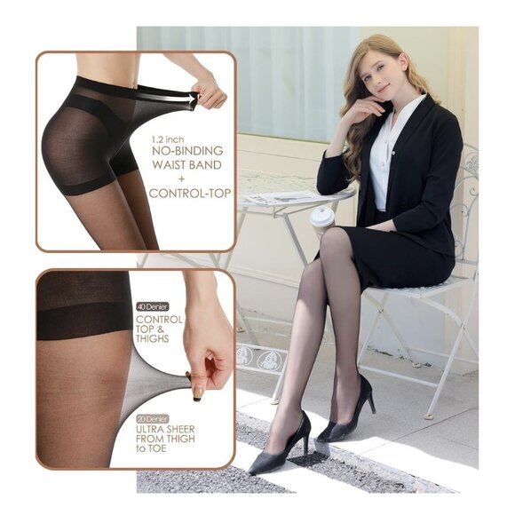 3 Pairs Women's Sheer Tights - 20D Control Top Pantyhose with Reinforced Toe XXL - Picture 2 of 4